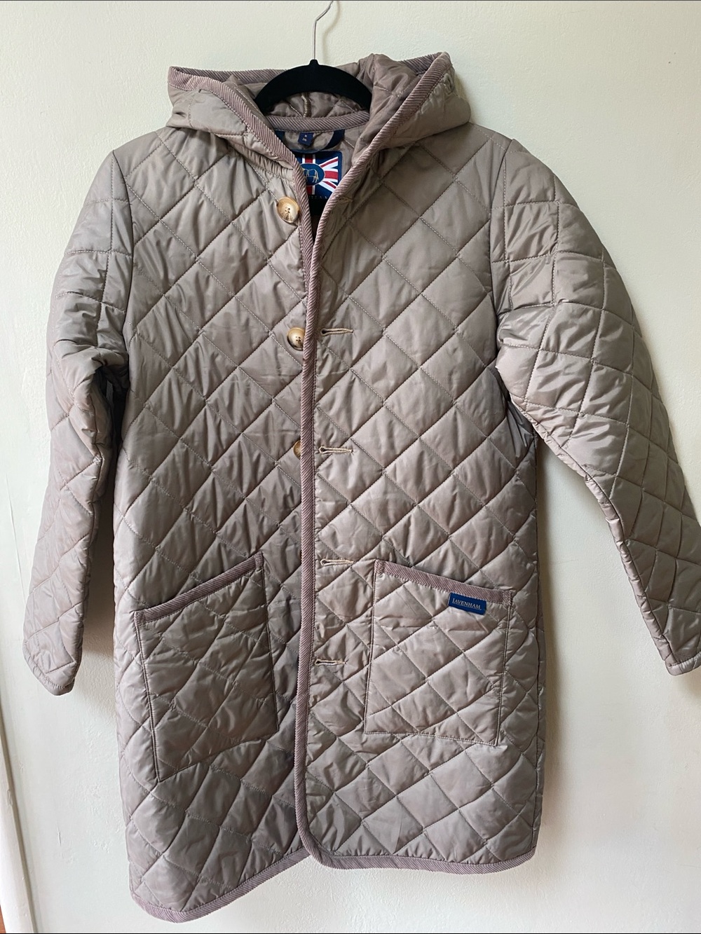 Lavenham Quilted Hooded Long Coat in Taupe